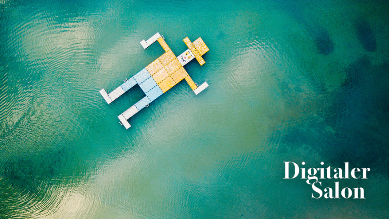 Insel in blauem Meer sieht aus wie ein Mann, mit Logo des Digitalen Salon