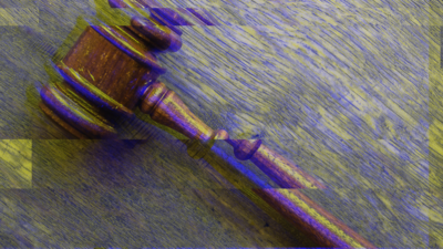 A gavel with glitch effect as symbol picture for robot judge