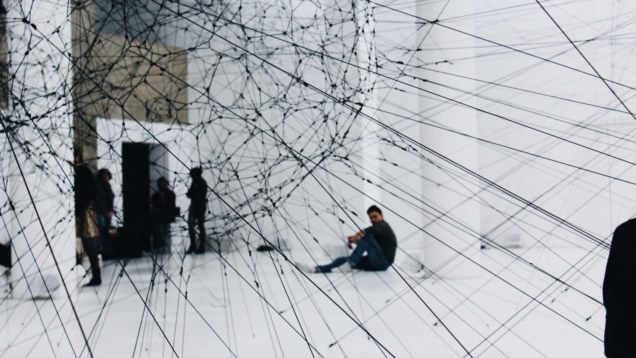 People standing behind a web of strings