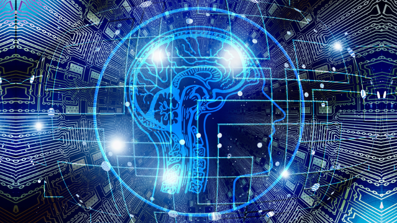 Image shows futuristic graphic of a blue human brain