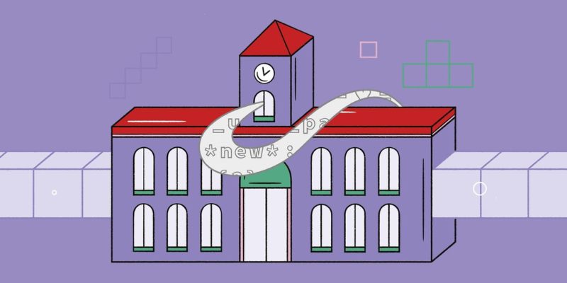 Man sieht eine Zeichnung des roten Rathauses in Berlin in Lila durch das ein Datenstrom strömt. Es steht sinnbildlich für Data & Smart City Governance .
