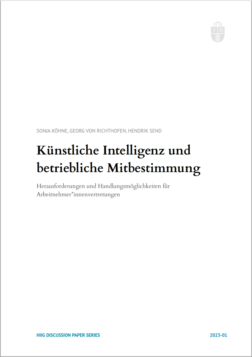 Man sieht den Titel des Discussion Papers mti schwarzer Schrift auf weißem Hintergrund: Künstliche Intelligenz und betriebliche Mitbestimmung