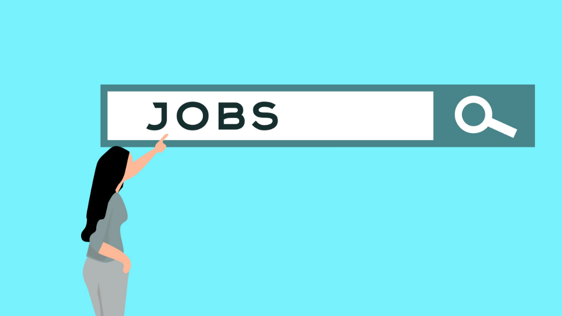 Illustration of a woman searching for jobs online, highlighting how generative AI in recruiting influences candidate experiences and job application processes.