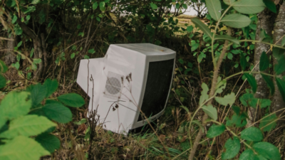 Das Foto zeigt einen alten Fernseher, der im Wald steht. Er ist ein Sinnbild für den digitalen Stoffwechselriss und die verborgenen Umweltkosten digitaler Technologien.