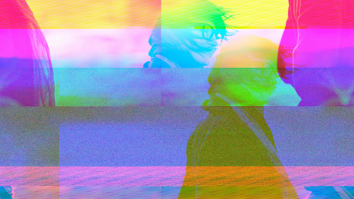 A colourful digital collage showing a pixelated, fragmented human figure split across multiple screens, symbolising the complex interplay behind content moderation work.