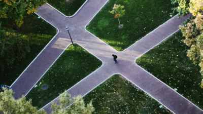 The photo shows a campus from above, showing the different paths of resilience in higher education.