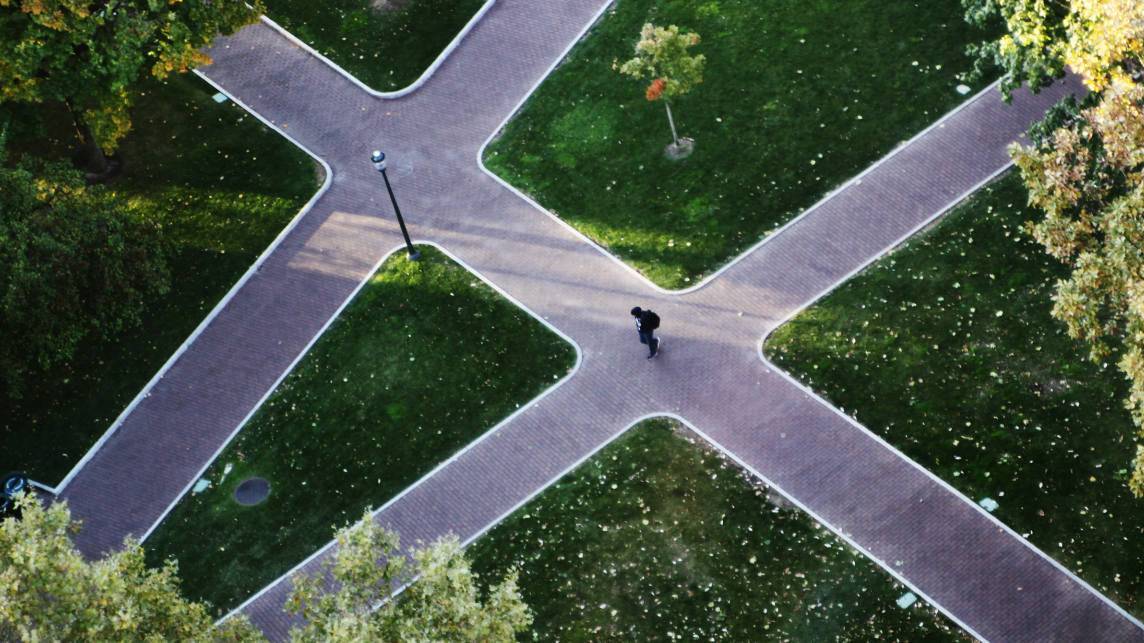 The photo shows a campus from above, showing the different paths of resilience in higher education.
