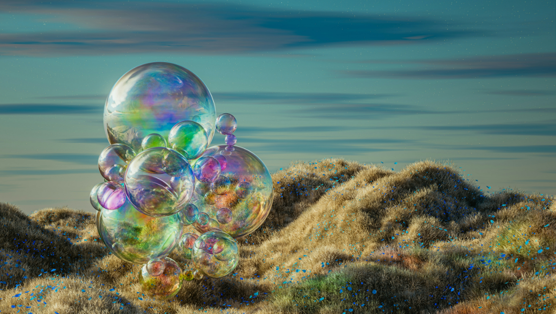An island with small mountains and bubbles.