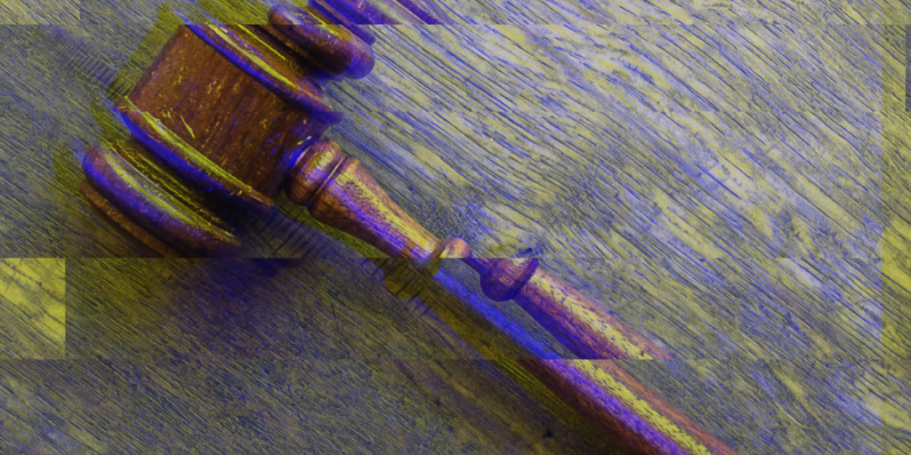 A gavel with glitch effect as symbol picture for robot judge