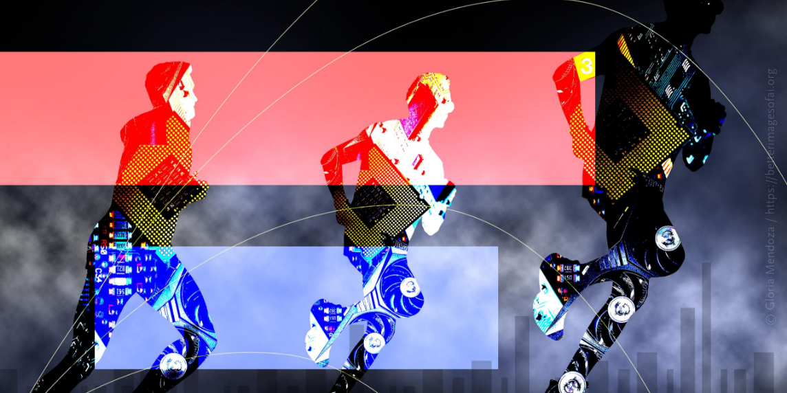 Titelbild_AnnaDumat Three human silhouettes are depicted mid-stride, each comprising of a collage of hardware used to develop AI including circuit boards and CPU chips. In the background there is a black and grey gradient with smoke. Beneath the runners from the left, there are two rectangle panels which run across the image, one is red and the other is blue.