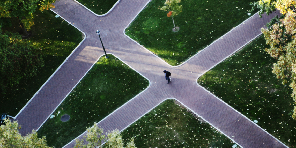 The photo shows a campus from above, showing the different paths of resilience in higher education.