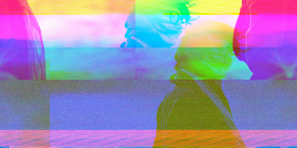 A colourful digital collage showing a pixelated, fragmented human figure split across multiple screens, symbolising the complex interplay behind content moderation work.