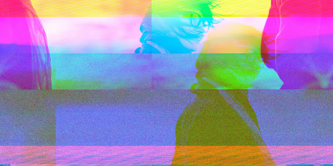 Titelbild_VertrauenKI – 2 A colourful digital collage showing a pixelated, fragmented human figure split across multiple screens, symbolising the complex interplay behind content moderation work.