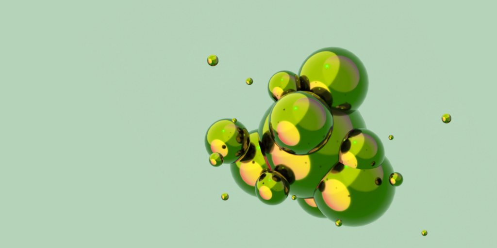 Titelbild Blogpost Technological Pluriverse: Reflektierende Luftblasen vor einem hellgrünen Hintergrund.